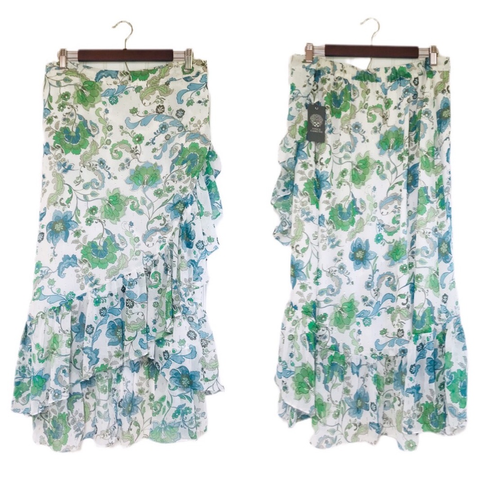 VINCE CAMUTO Blue Green Floral Ruffle High Low Midi Skirt Plus Size 2X 3X New‎